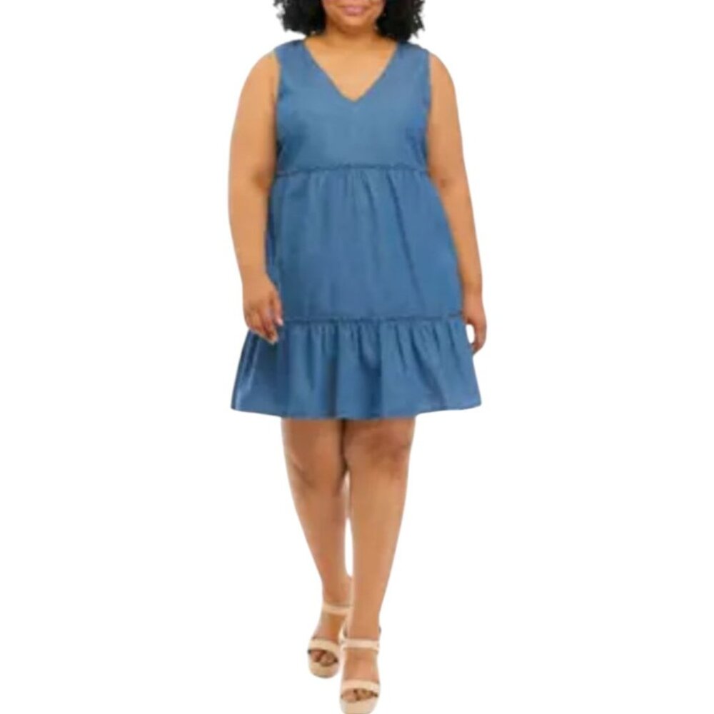 True Craft Womens Sleeveless Denim Tiered Dress Size L V-Neck & Back Tie Closure